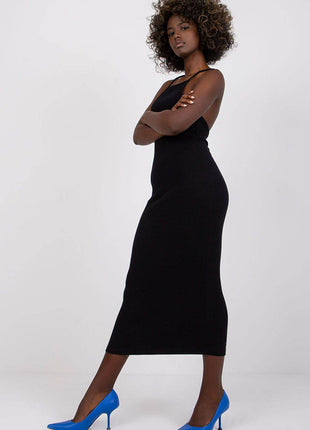 Ribbed Cotton Midi Pencil Cotton Dress with Square Neckline - MimiStylez