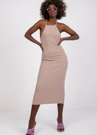 Ribbed Cotton Midi Pencil Cotton Dress with Square Neckline - MimiStylez