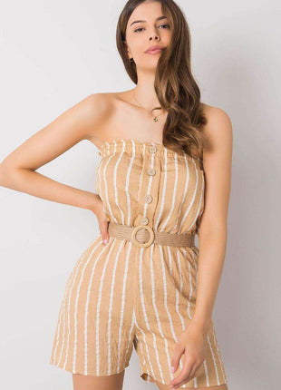 Casual Striped Jumpsuit with Elastic Waist & Decorative Buttons - MimiStylez