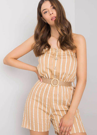 Casual Striped Jumpsuit with Elastic Waist & Decorative Buttons - MimiStylez