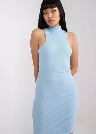 Sleeveless Ribbed Knit Pencil Cotton Dress with Turtleneck - MimiStylez