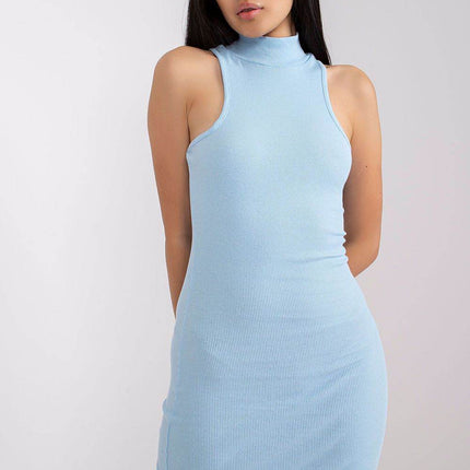 Sleeveless Ribbed Knit Pencil Cotton Dress with Turtleneck - MimiStylez