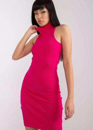 Sleeveless Ribbed Knit Pencil Cotton Dress with Turtleneck - MimiStylez