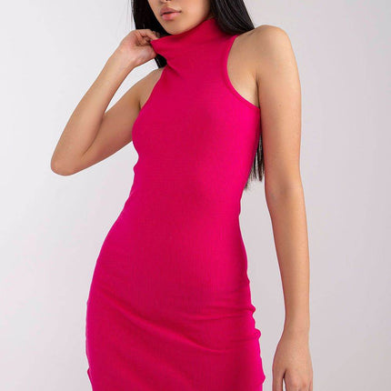 Sleeveless Ribbed Knit Pencil Cotton Dress with Turtleneck - MimiStylez