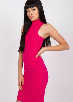 Sleeveless Ribbed Knit Pencil Cotton Dress with Turtleneck - MimiStylez