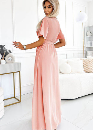 Long Chiffon Dress in Dirty Pink with Pleated Neckline - MimiStylez