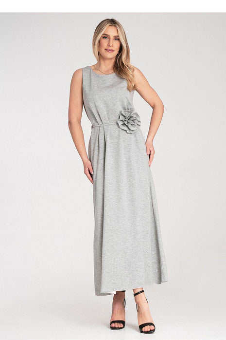 Sleeveless Maxi Dress with Rounded Neckline & Floral Belt Accent - MimiStylez