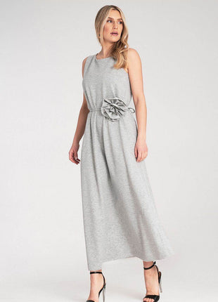 Sleeveless Maxi Dress with Rounded Neckline & Floral Belt Accent - MimiStylez