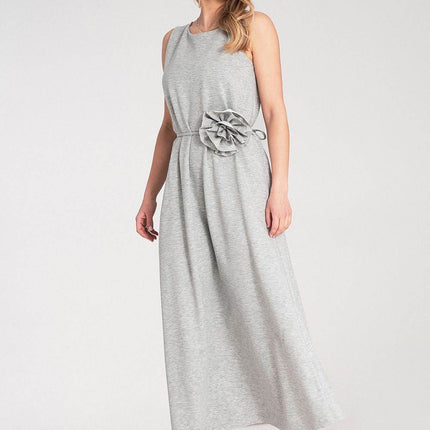 Sleeveless Maxi Dress with Rounded Neckline & Floral Belt Accent - MimiStylez