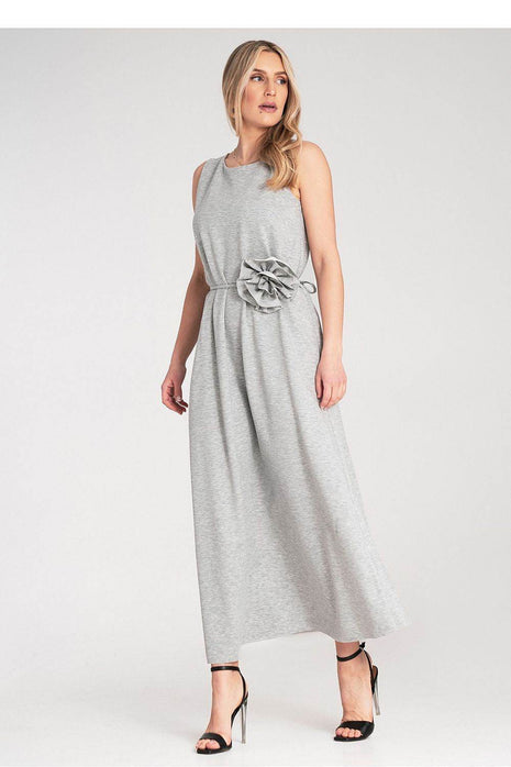 Sleeveless Maxi Dress with Rounded Neckline & Floral Belt Accent - MimiStylez
