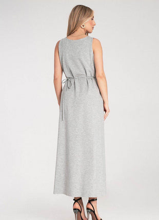 Sleeveless Maxi Dress with Rounded Neckline & Floral Belt Accent - MimiStylez