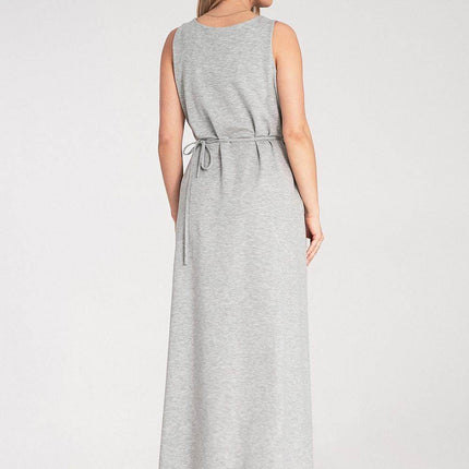 Sleeveless Maxi Dress with Rounded Neckline & Floral Belt Accent - MimiStylez