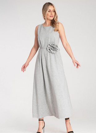 Sleeveless Maxi Dress with Rounded Neckline & Floral Belt Accent - MimiStylez