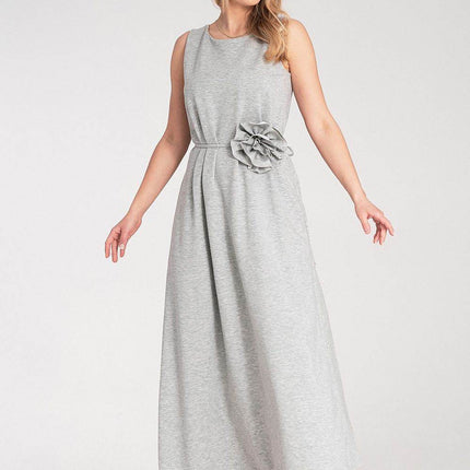 Sleeveless Maxi Dress with Rounded Neckline & Floral Belt Accent - MimiStylez
