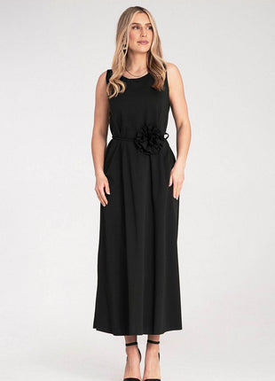 Sleeveless Maxi Dress with Rounded Neckline & Floral Belt Accent - MimiStylez