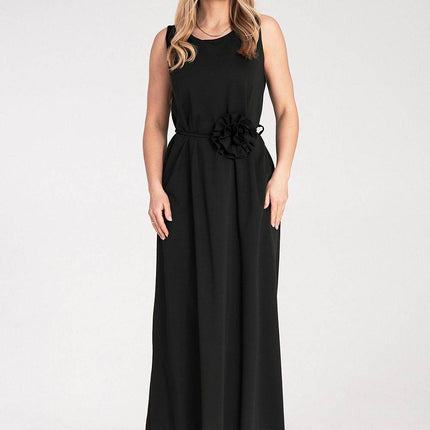Sleeveless Maxi Dress with Rounded Neckline & Floral Belt Accent - MimiStylez