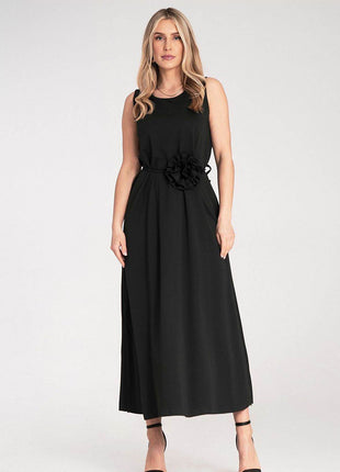 Sleeveless Maxi Dress with Rounded Neckline & Floral Belt Accent - MimiStylez