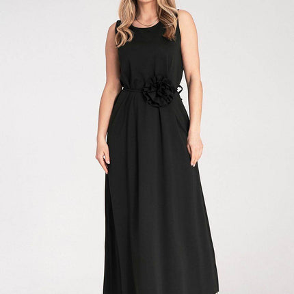 Sleeveless Maxi Dress with Rounded Neckline & Floral Belt Accent - MimiStylez