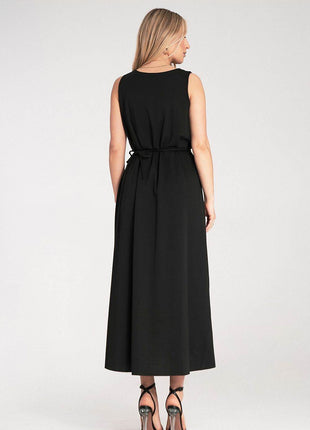 Sleeveless Maxi Dress with Rounded Neckline & Floral Belt Accent - MimiStylez