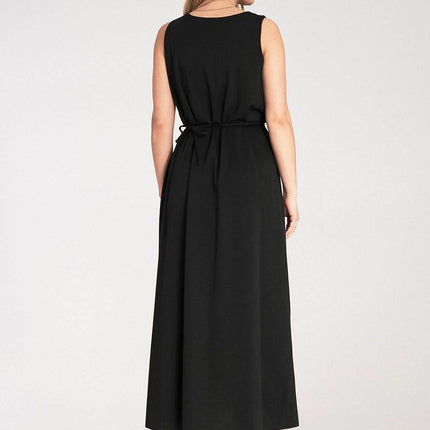 Sleeveless Maxi Dress with Rounded Neckline & Floral Belt Accent - MimiStylez