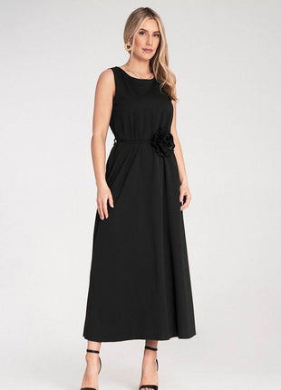 Sleeveless Maxi Dress with Rounded Neckline & Floral Belt Accent - MimiStylez