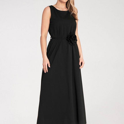 Sleeveless Maxi Dress with Rounded Neckline & Floral Belt Accent - MimiStylez