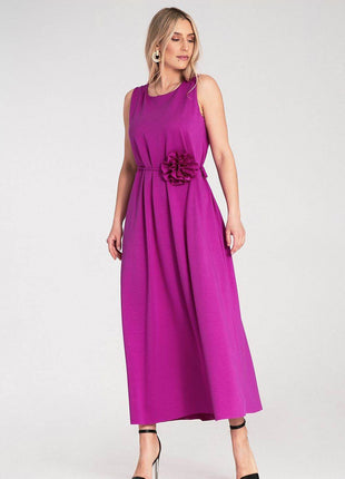 Sleeveless Maxi Dress with Rounded Neckline & Floral Belt Accent - MimiStylez