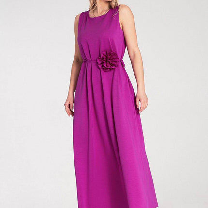 Sleeveless Maxi Dress with Rounded Neckline & Floral Belt Accent - MimiStylez