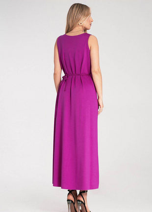 Sleeveless Maxi Dress with Rounded Neckline & Floral Belt Accent - MimiStylez