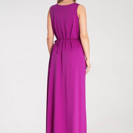 Sleeveless Maxi Dress with Rounded Neckline & Floral Belt Accent - MimiStylez