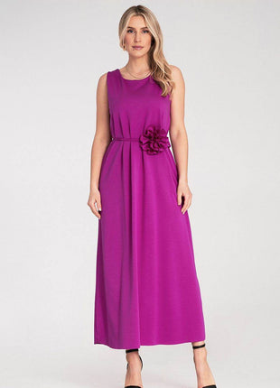 Sleeveless Maxi Dress with Rounded Neckline & Floral Belt Accent - MimiStylez
