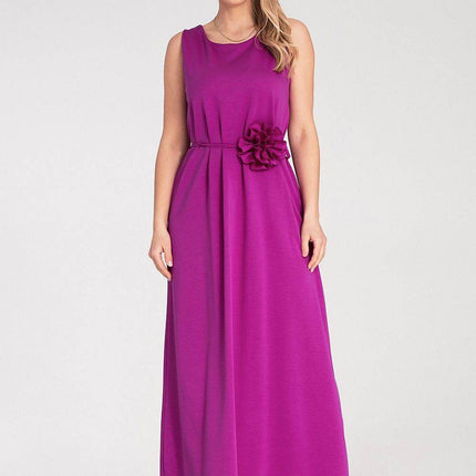 Sleeveless Maxi Dress with Rounded Neckline & Floral Belt Accent - MimiStylez