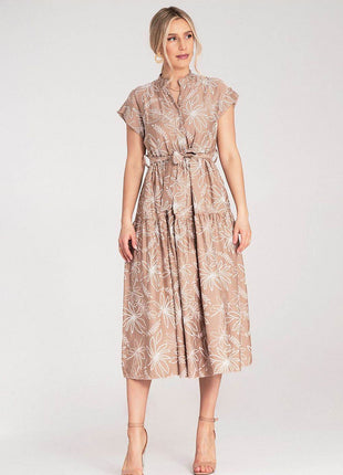 Embossed Floral Midi Dress with Short Sleeves, Stand-Up Collar & Belted Waist - MimiStylez