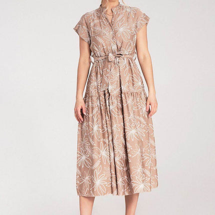 Embossed Floral Midi Dress with Short Sleeves, Stand-Up Collar & Belted Waist - MimiStylez