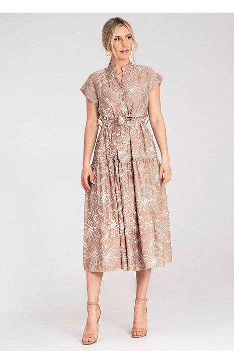 Embossed Floral Midi Dress with Short Sleeves, Stand-Up Collar & Belted Waist - MimiStylez