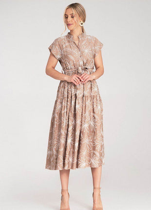 Embossed Floral Midi Dress with Short Sleeves, Stand-Up Collar & Belted Waist - MimiStylez