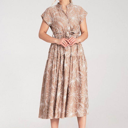 Embossed Floral Midi Dress with Short Sleeves, Stand-Up Collar & Belted Waist - MimiStylez