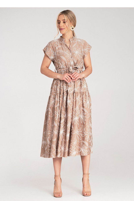 Embossed Floral Midi Dress with Short Sleeves, Stand-Up Collar & Belted Waist - MimiStylez