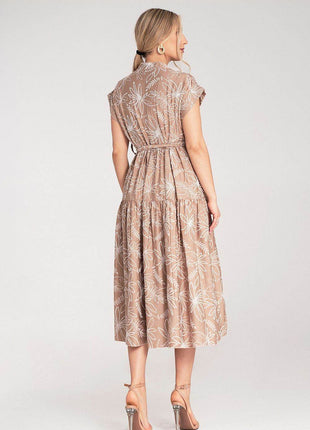 Embossed Floral Midi Dress with Short Sleeves, Stand-Up Collar & Belted Waist - MimiStylez