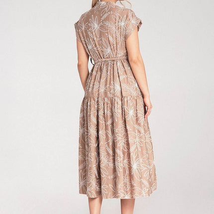 Embossed Floral Midi Dress with Short Sleeves, Stand-Up Collar & Belted Waist - MimiStylez
