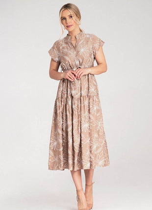 Embossed Floral Midi Dress with Short Sleeves, Stand-Up Collar & Belted Waist - MimiStylez
