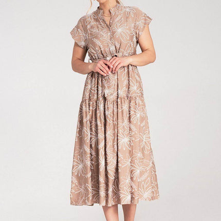Embossed Floral Midi Dress with Short Sleeves, Stand-Up Collar & Belted Waist - MimiStylez