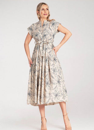 Embossed Floral Midi Dress with Short Sleeves, Stand-Up Collar & Belted Waist - MimiStylez