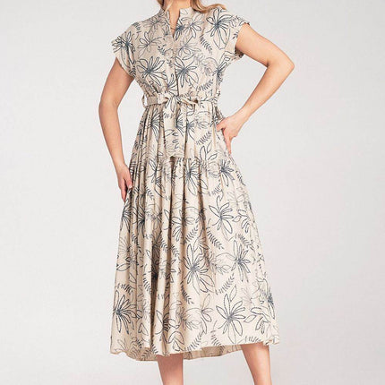 Embossed Floral Midi Dress with Short Sleeves, Stand-Up Collar & Belted Waist - MimiStylez
