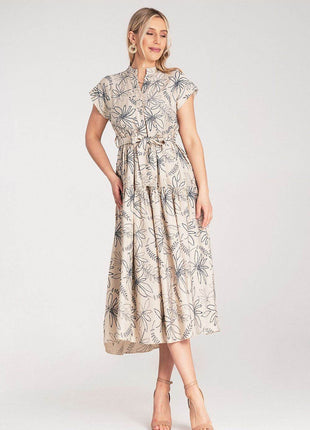 Embossed Floral Midi Dress with Short Sleeves, Stand-Up Collar & Belted Waist - MimiStylez