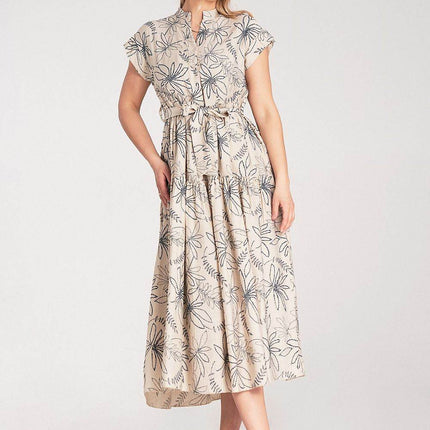 Embossed Floral Midi Dress with Short Sleeves, Stand-Up Collar & Belted Waist - MimiStylez