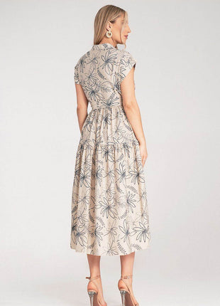 Embossed Floral Midi Dress with Short Sleeves, Stand-Up Collar & Belted Waist - MimiStylez