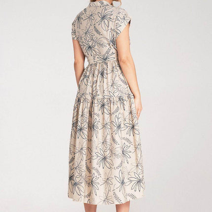 Embossed Floral Midi Dress with Short Sleeves, Stand-Up Collar & Belted Waist - MimiStylez