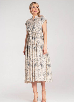 Embossed Floral Midi Dress with Short Sleeves, Stand-Up Collar & Belted Waist - MimiStylez