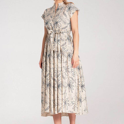 Embossed Floral Midi Dress with Short Sleeves, Stand-Up Collar & Belted Waist - MimiStylez